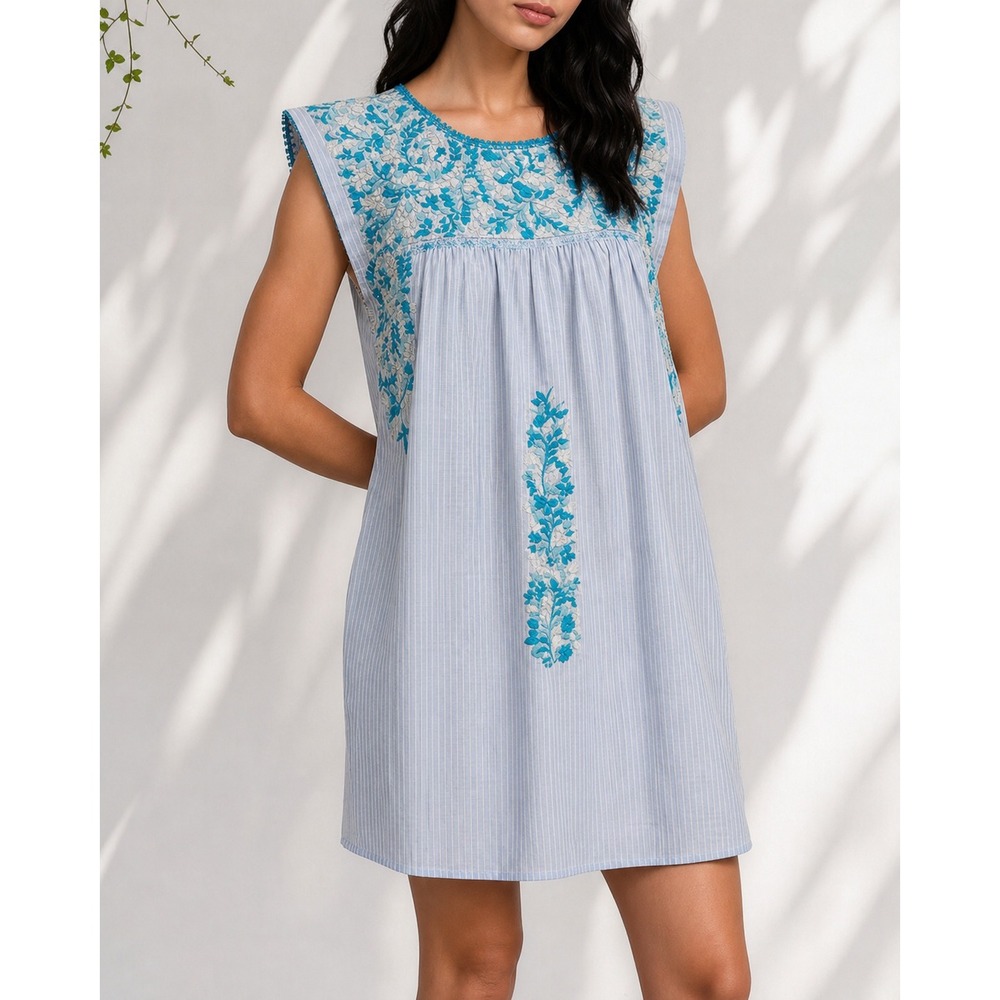 Mi Golondrina Flores Embroidered Mini Dress L Oaxacan Boho Floral Blue Striped